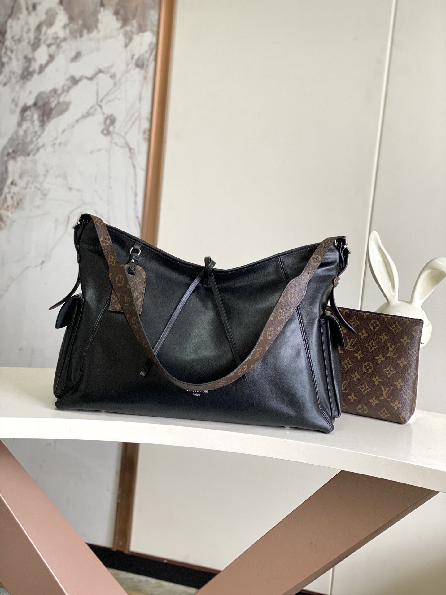 Louis Vuitton Canvas CARRY ALL TRAVEL Black Top Handle Bag 001920