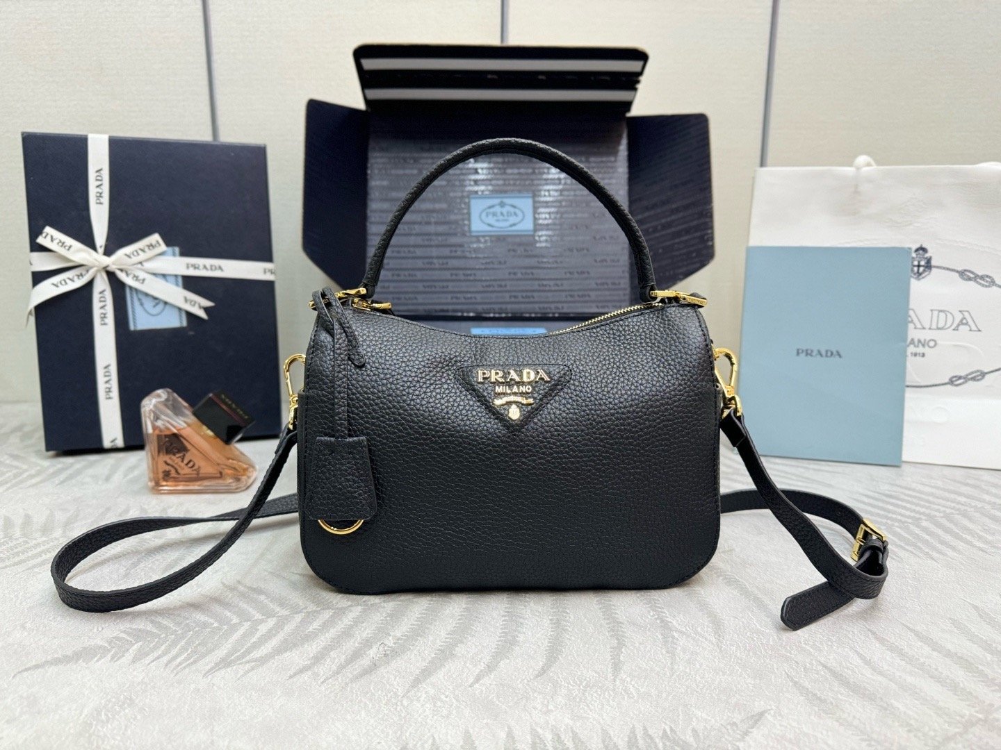 Prada Pebbled Leather BC277 Gold Top Handle Bag 001850