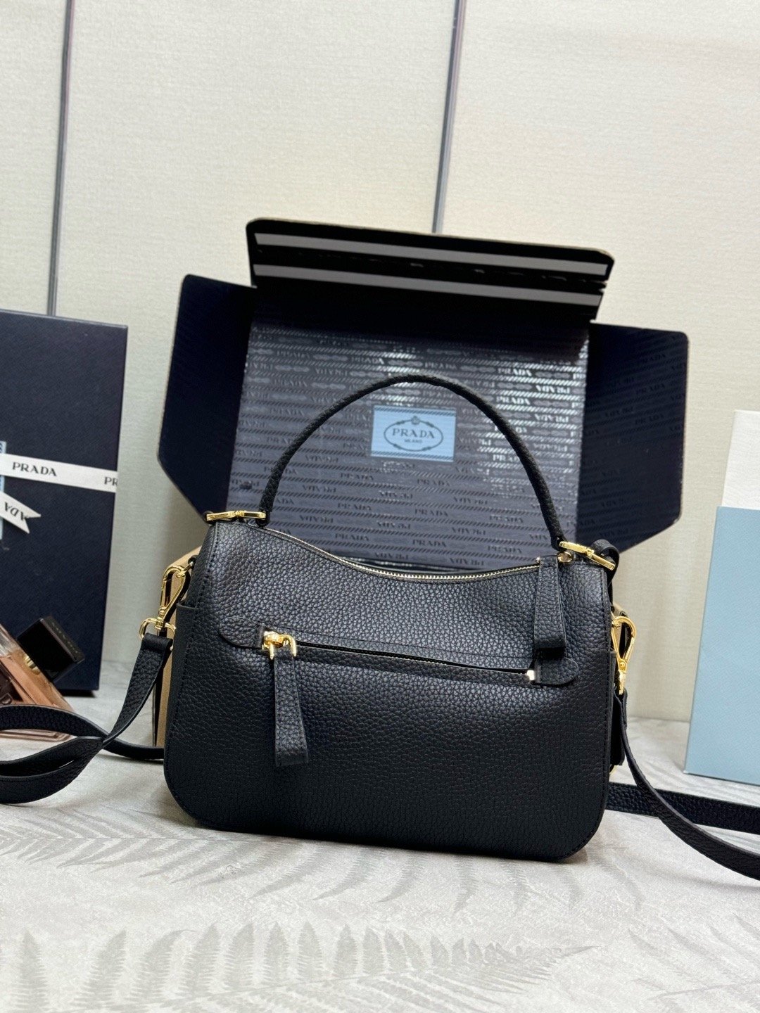 Prada Pebbled Leather BC277 Gold Top Handle Bag 001850