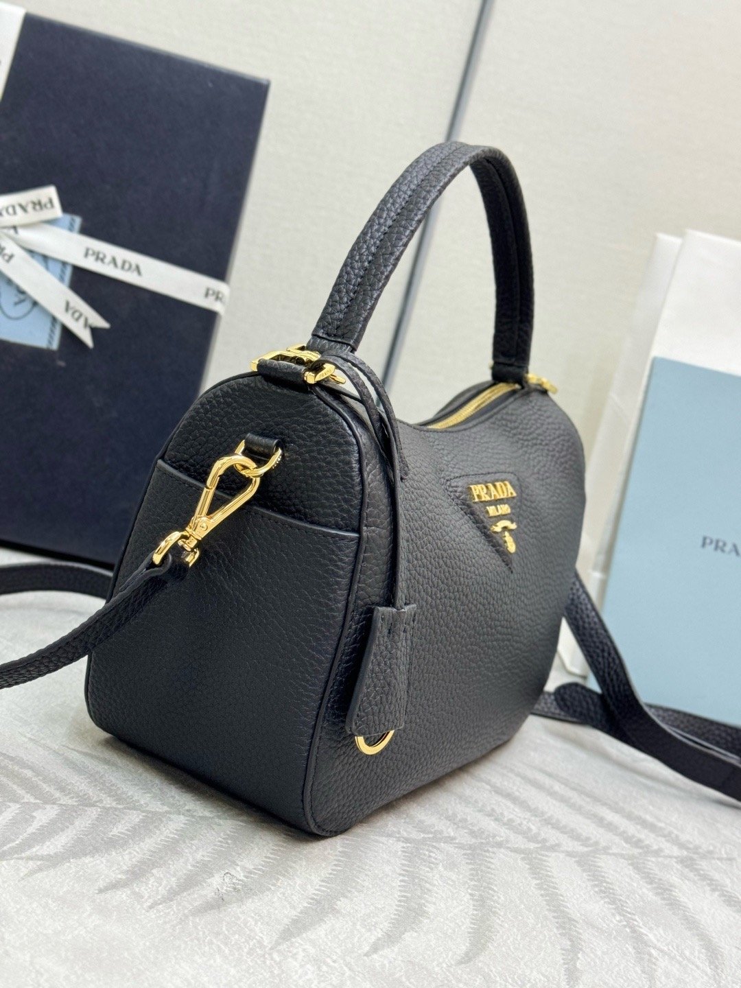 Prada Pebbled Leather BC277 Gold Top Handle Bag 001850