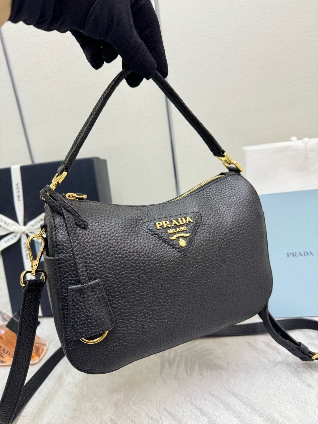 Prada Pebbled Leather BC277 Gold Top Handle Bag 001850