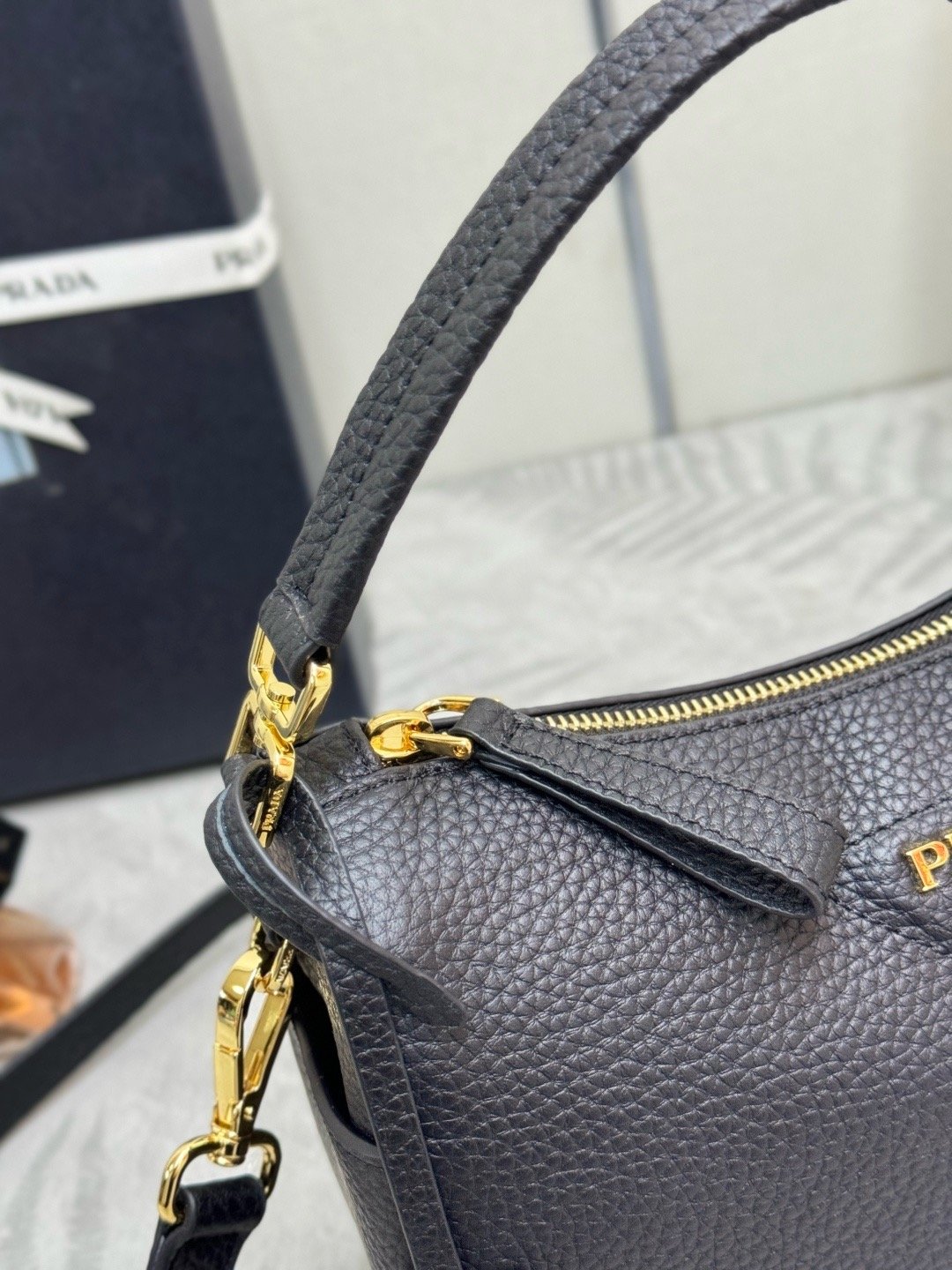 Prada Pebbled Leather BC277 Gold Top Handle Bag 001850